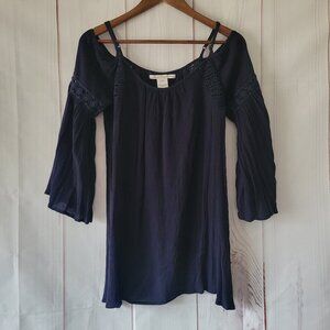 American Rag Cei Cold Shoulder Women’s S Blouse, Navy Blue, Long Sleeve Boho EUC